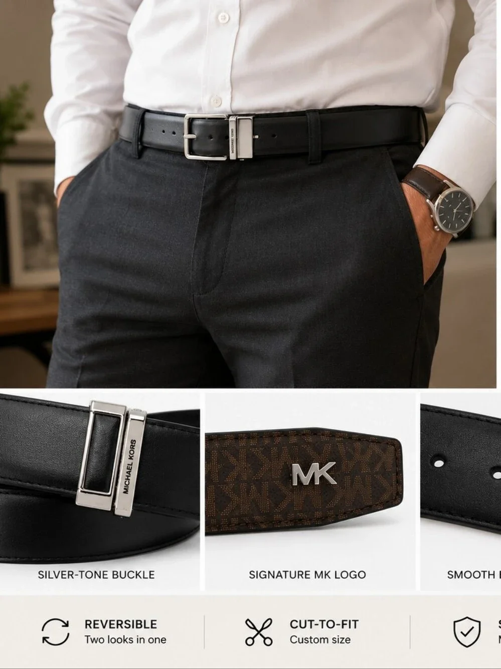 NWT Michael Kors Reversible Cut-to-Fit Belt Brown MK Logo Black Leather